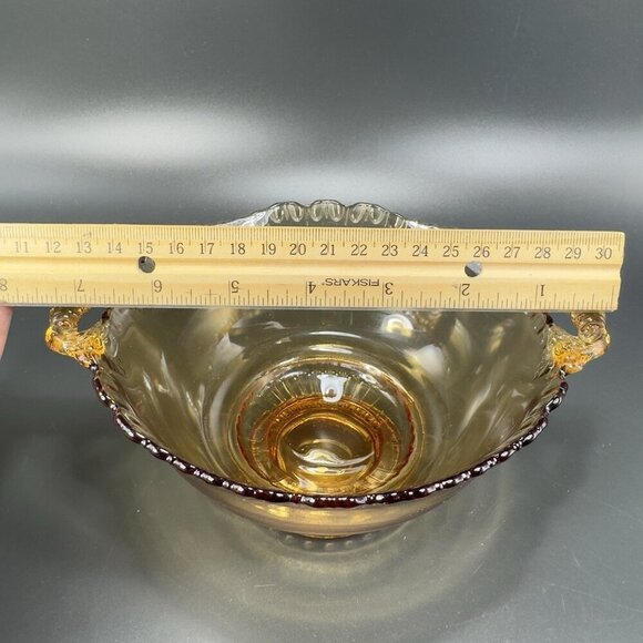 Vintage Gadroon Edges Amber Glass Footed Dish Bowl Container With Handles VTG - Picture 7 of 12